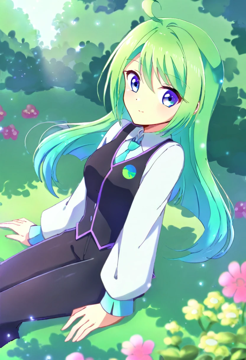 an 18 year old girl, long lime green hair with blue ombre, turquoise eyes, light green skin, ((Equestria girls), ((White shirt)), ((black vest with small planet print)), ((Black pants)), ((sitting in a garden)), ((Good quality)) 