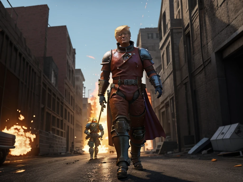 arafed man in armor standing in a street with buildings in the background, donald trump as baron harkonnen, donald trump is a space marine, donald trump in dark souls, donald trump as a cyborg, super saiyan donald trump, donald trump fortnite skin, donald trump in fortnite, dressed in tactical armor, donald trump cyborg
