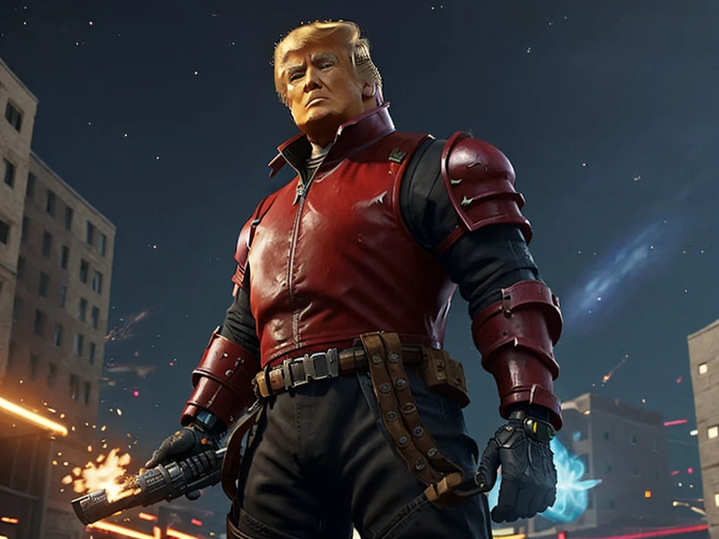 arafed man in armor standing in a street with buildings in the background, donald trump as baron harkonnen, donald trump is a space marine, donald trump in dark souls, donald trump as a cyborg, super saiyan donald trump, donald trump fortnite skin, donald trump in fortnite, dressed in tactical armor, donald trump cyborg
