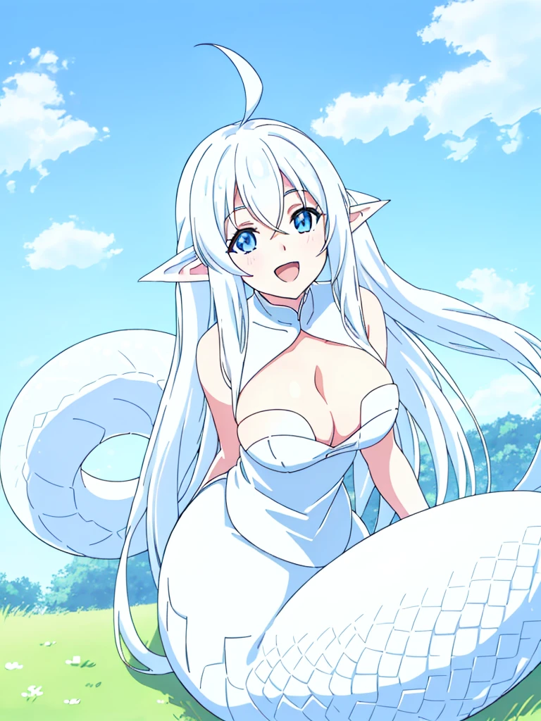 ((beautiful face)),1girl,15s,,long hair,twintail,white hair,ahoge,lamia tail,((white lamia tail)),(white background),pointy ears,sleeveless,white shirt,(cleavage),blue eyes,((on the grass,blue sky,village)),open mouth,Close up,looking up,from above,smile,happy
