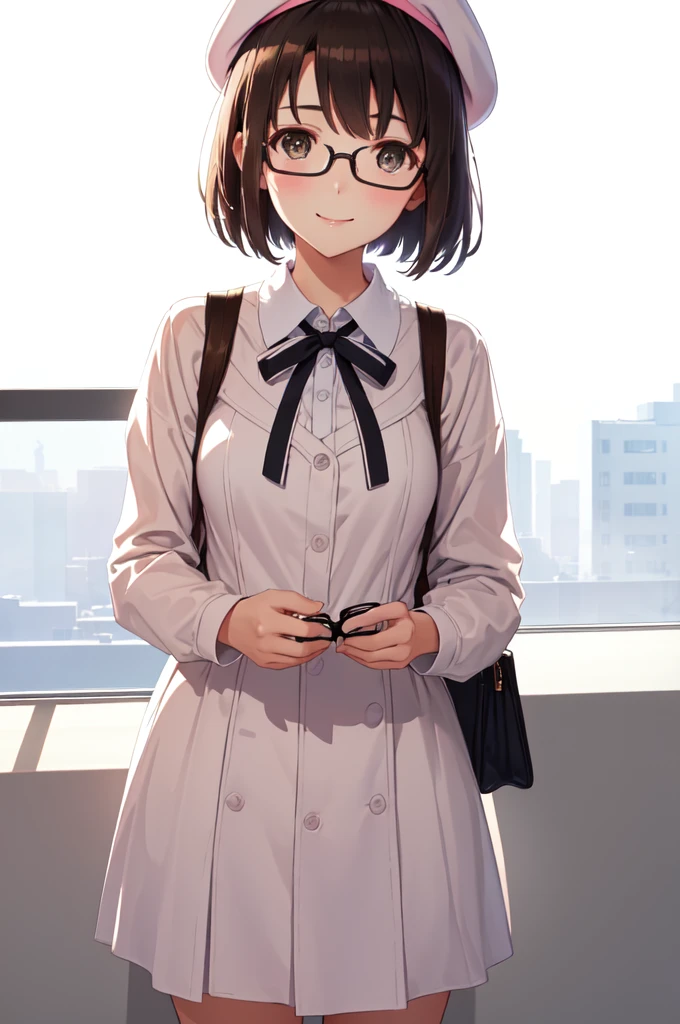 (masterpiece:1.6, best quality), (finely detailed beautiful eyes: 1.2), ph_katou, katouhdlong, katouhd, 1girl, solo, holding eyewear, hat, eyewear removed, brown hair, bangs, holding, short hair, simple background, glasses, white background, , smile, white headwear, brown eyes, open clothes, blush, , standing, closed mouth, beret, bow, neck ribbon, breasts, black ribbon, buttons, medium breasts, naikid, backlighting, wing collar, manka