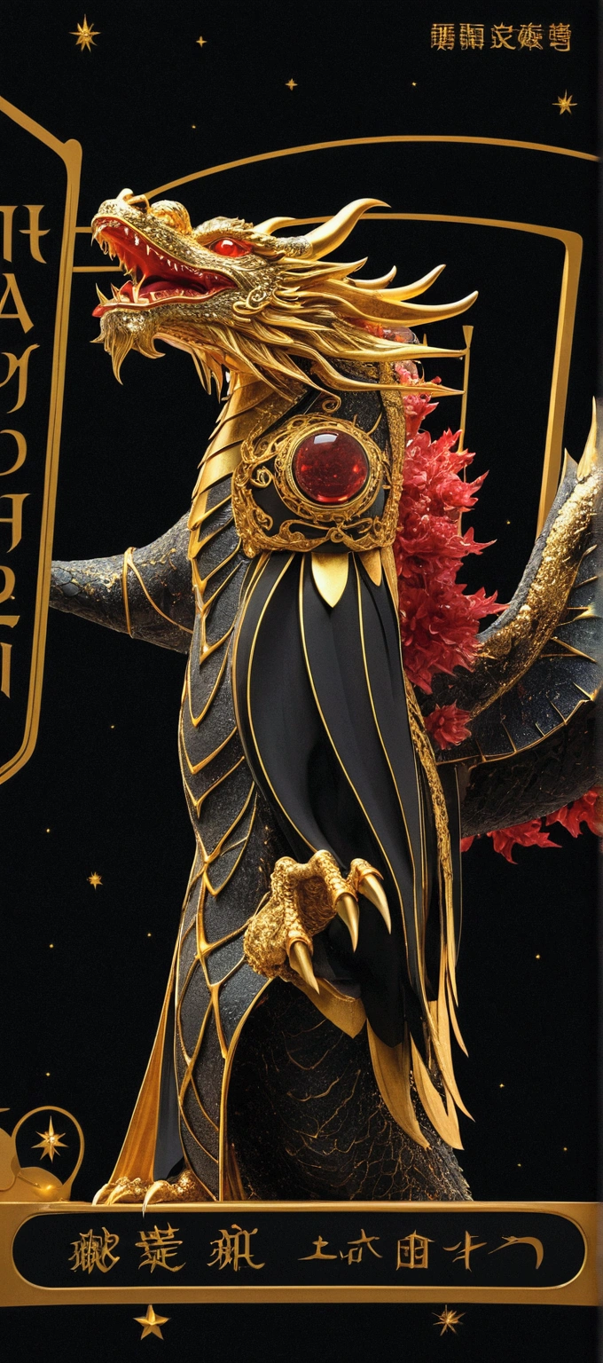 "A majestic cosmic oriental golden dragon with crimson red eyes, Floating gracefully through an endless expanse of black space filled with stars, It radiates a wonderful but ominous aura".