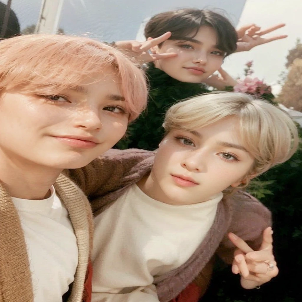 a beautiful young man with warm brown eyes, full pink lips, soft skin, handsome face, delicate facial features, intense gaze, styled hair, wearing a stylish outfit, standing in a serene meadow with flowers, warm sunlight, detailed landscape, vibrant colors, cinematic lighting, high quality, photorealistic, intricate details, masterpiece