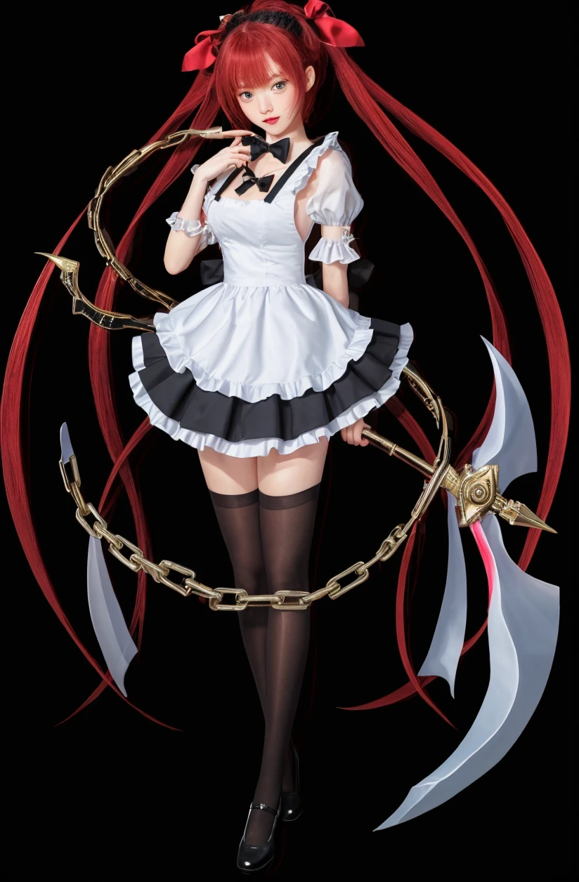 1girl, solo, blush,smile, ellen joe, black hair, colored inner hair, multicolored hair, (red eyes:1.3), red hair, short hair, two-tone hair, looking_at_viewer, large_breasts, ass, apron, black pantyhose, black shirt, black skirt, ear piercing, maid, maid apron, maid headdress, pantyhose, piercing, puffy short sleeves, puffy sleeves, shark girl, shark tail, shirt, short sleeves, skirt, tail, two-tone hair, wrist cuffs, closed_mouth, cowboy_shot, looking_back, standing, spread legs