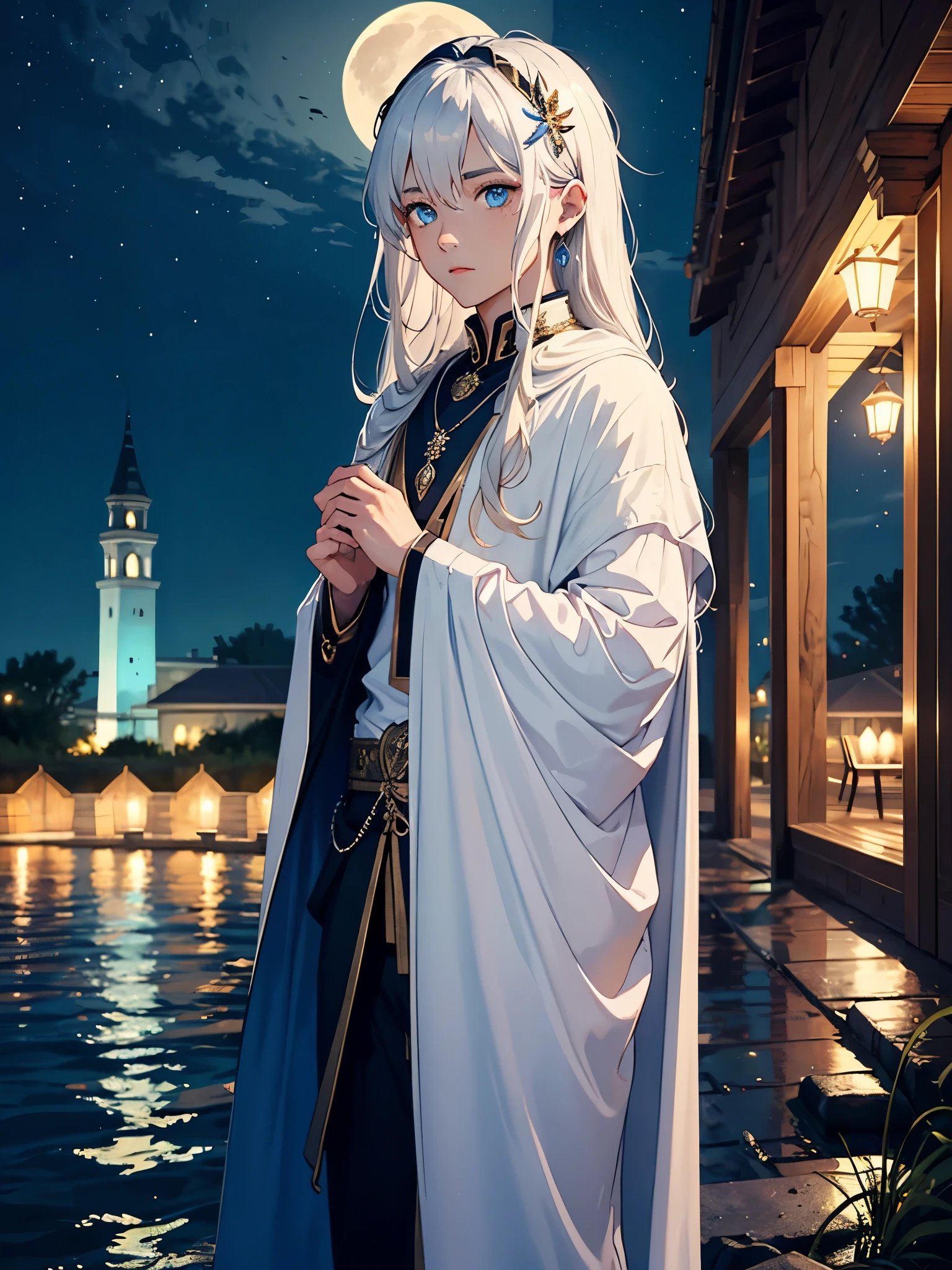 boy. Boy. tao. silver jewelry. feminineer. White clothing. Light blue. feminine. Long hair. long white hair. aquatic, boy, Goddess of the Moon, silver hair accessories, White hair, White dress, cape, at night, saturated colors, light eyes, bright, light blue light, blue eyes, Jewelry silver, bluish light, Full moon in the background, aquatic in the air pink candles