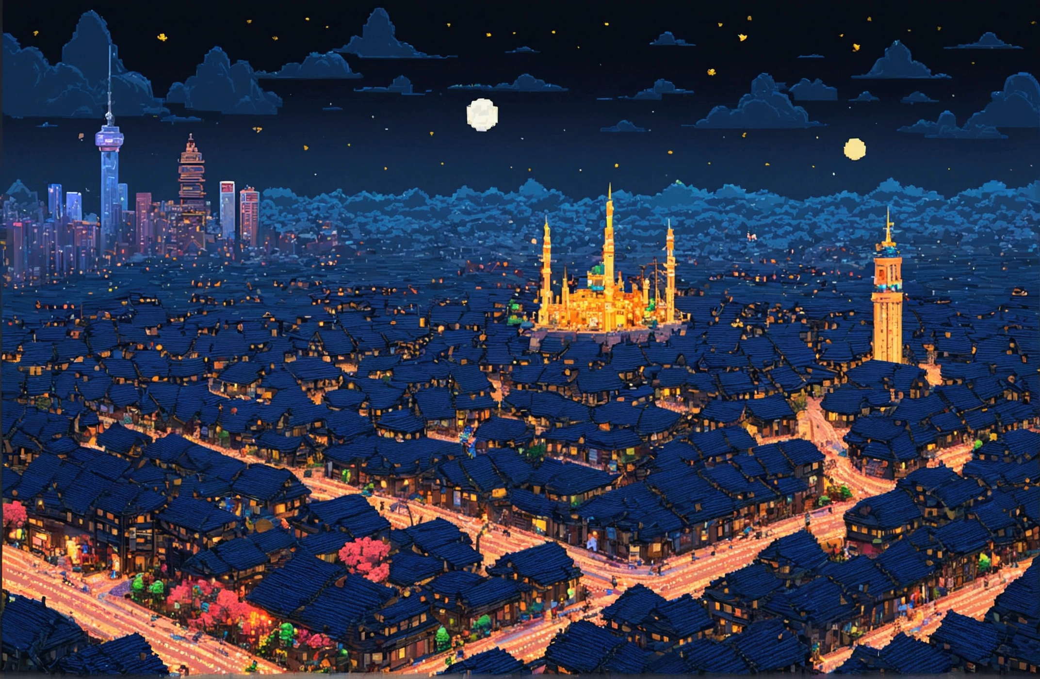 game world. night. 3D pixel art 4K 벽지. 놀라운 pixel art 디테일. pixel art. 상세한 언리얼 엔진 pixel art
