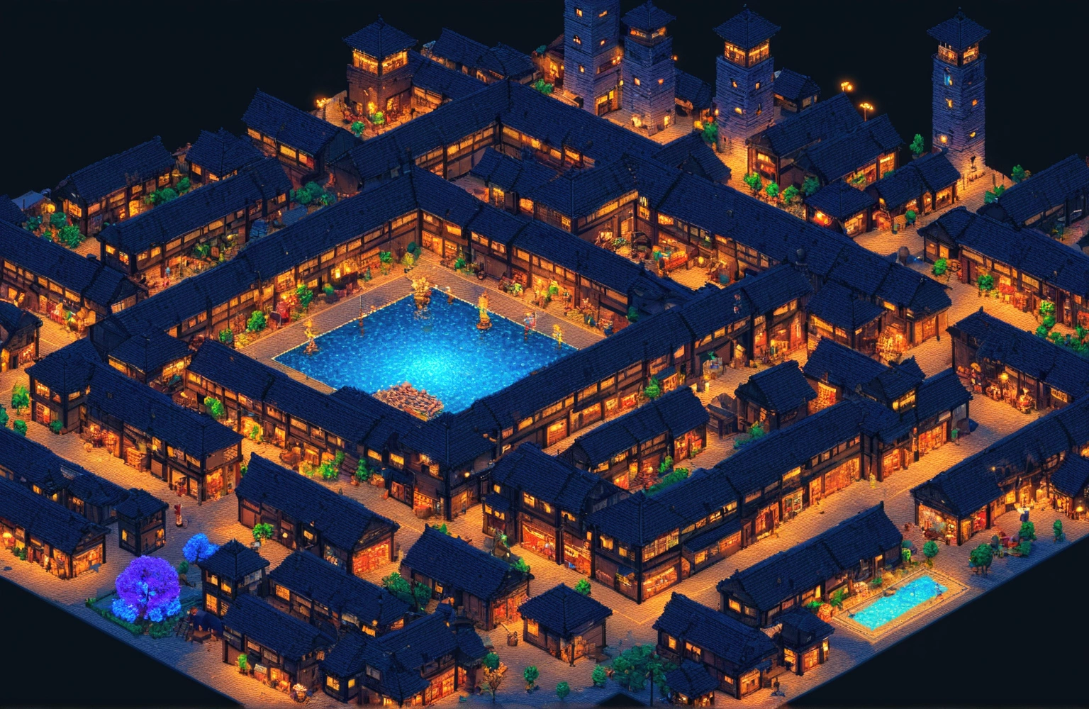 game world. night. 3D pixel art 4K 벽지. 놀라운 pixel art 디테일. pixel art. 상세한 언리얼 엔진 pixel art
