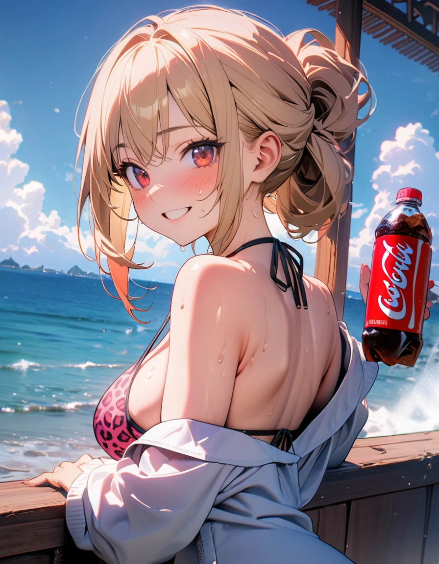 (8K, best quality, master piece: 1.2),super high resolution,1 girl,1６yo,独奏,ultra-detailed face,deep detailed eyes,mascara,Carelessly tied up hair,gold hair,Drinking cola from a plastic bottle,wearing leopard pattern off shoulder bikini(pink:1.4),arched back,smile,red eyes,rim light,Sweat,Big Breastsカウボーイショット,blue sky,sea side