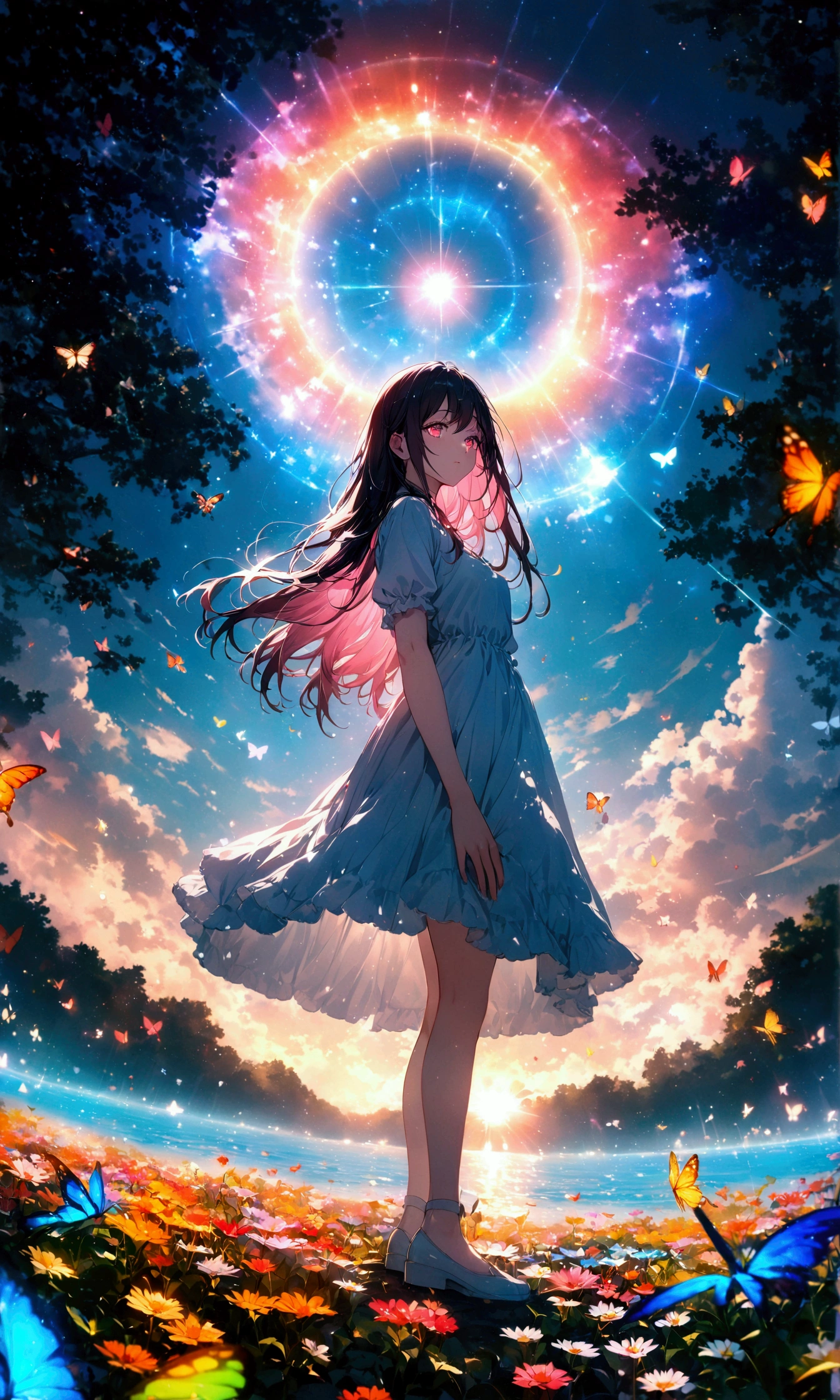 (woman\(student, 15 years old, JK, Long Hair, Colorful eyes, Pale skin,) Looking up at the sky), (Many butterflies flying in the sky), Beautiful sky, summer,Colorful flowers are blooming everywhere, Mysterious and dreamy ,Giant Tree,quality\(8K,CG wallpaper, masterpiece,High resolution,top-quality,Surrealism,Increased resolution,RAW Photos,Best quality,Very detailed,Light,Ray Tracing,Golden Ratio)