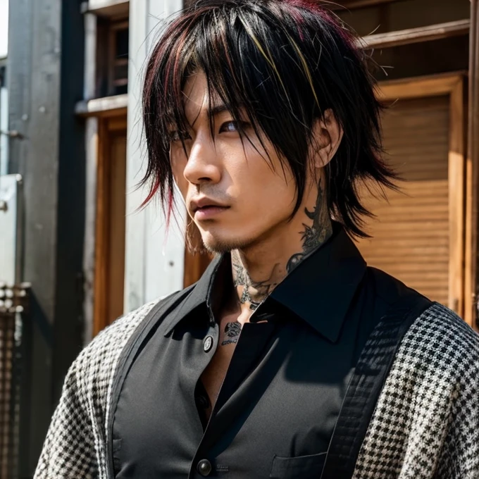 1 man, Japanese man, male, Asian eyes, muscular, broad shoulders, yakuza tattoos, hairstyle Visual Kei style, hair Visual Kei, black men's shirt and black pants, ultra detailed face, hyperrealistic, realistic representation, long hair, long hair, 30 years old, age 30 years, blond, blonde hair