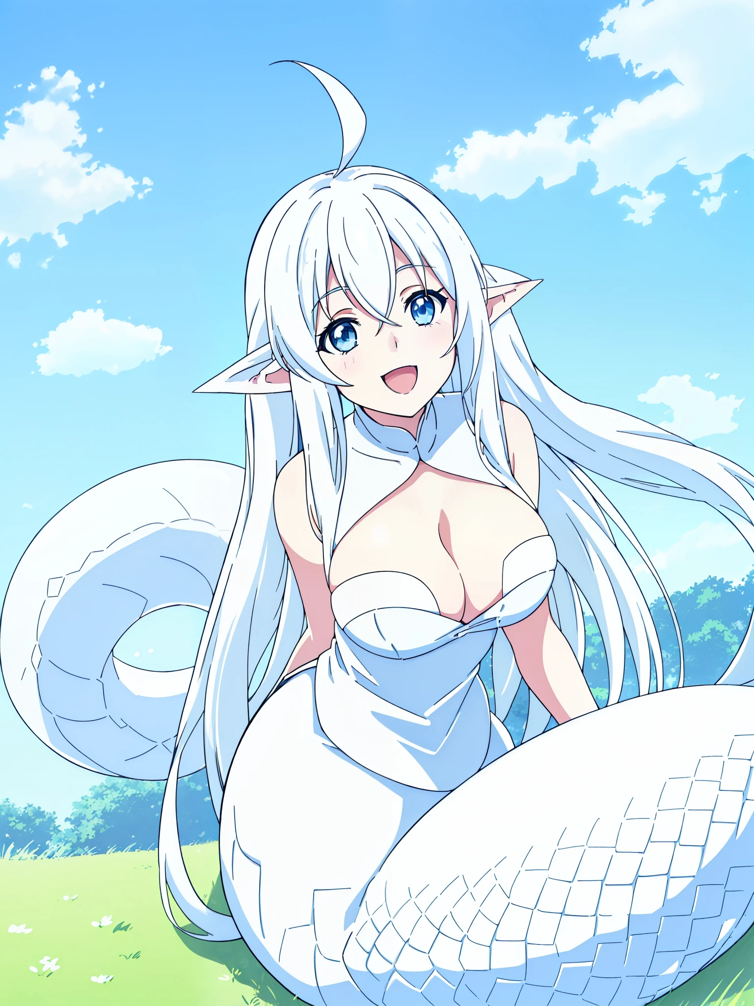 ((beautiful face)),1girl,15s,,long hair,twintail,white hair,ahoge,lamia tail,((white lamia tail)),(white background),pointy ears,sleeveless,white shirt,(cleavage),blue eyes,((on the grass,blue sky,village)),open mouth,Close up,looking up,from above,smile,happy