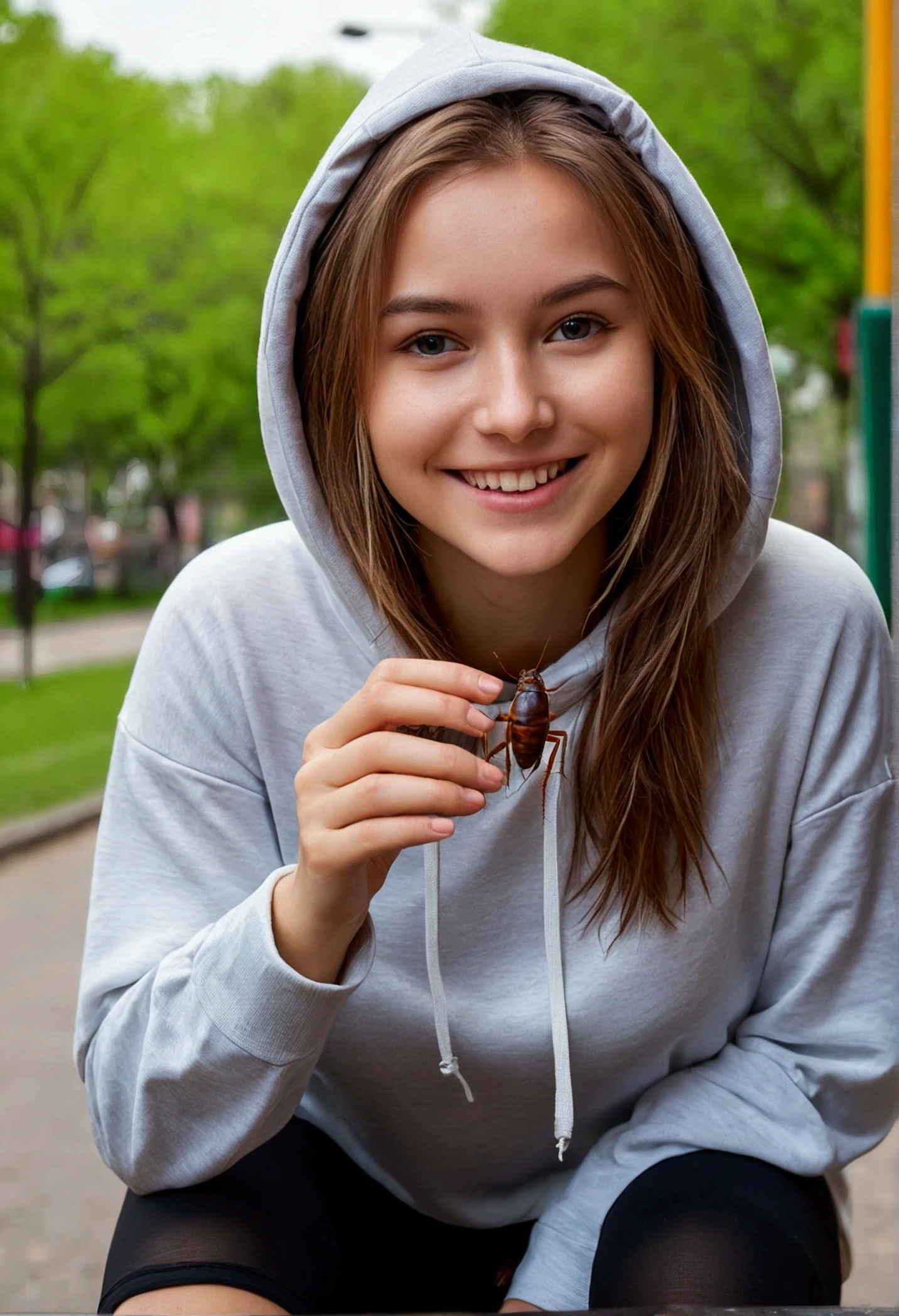 Photo of a beautiful girl in a casual shirt with a hoodie and leggings, City Street, Messy medium length hair, The body is slim, View from behind, Upper body medium shot, Looking into the camera, Cute Smile, Shallow depth of field、((Holding a cockroach in hand))、Sitting in the park at daytime、((Eating cockroaches))