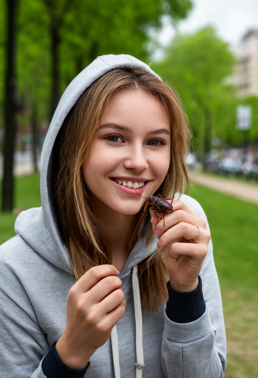 Photo of a beautiful girl in a casual shirt with a hoodie and leggings, City Street, Messy medium length hair, The body is slim, View from behind, Upper body medium shot, Looking into the camera, Cute Smile, Shallow depth of field、((Holding a cockroach in hand))、Sitting in the park at daytime、((Eating cockroaches))