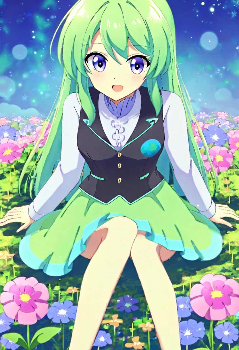 an 18 year old girl, long lime green hair with blue ombre, turquoise eyes, light green skin, ((Equestria girls), ((White shirt)), ((black vest with small planet print)), (flada negro)), ((sitting in a garden)), ((Good quality)) 