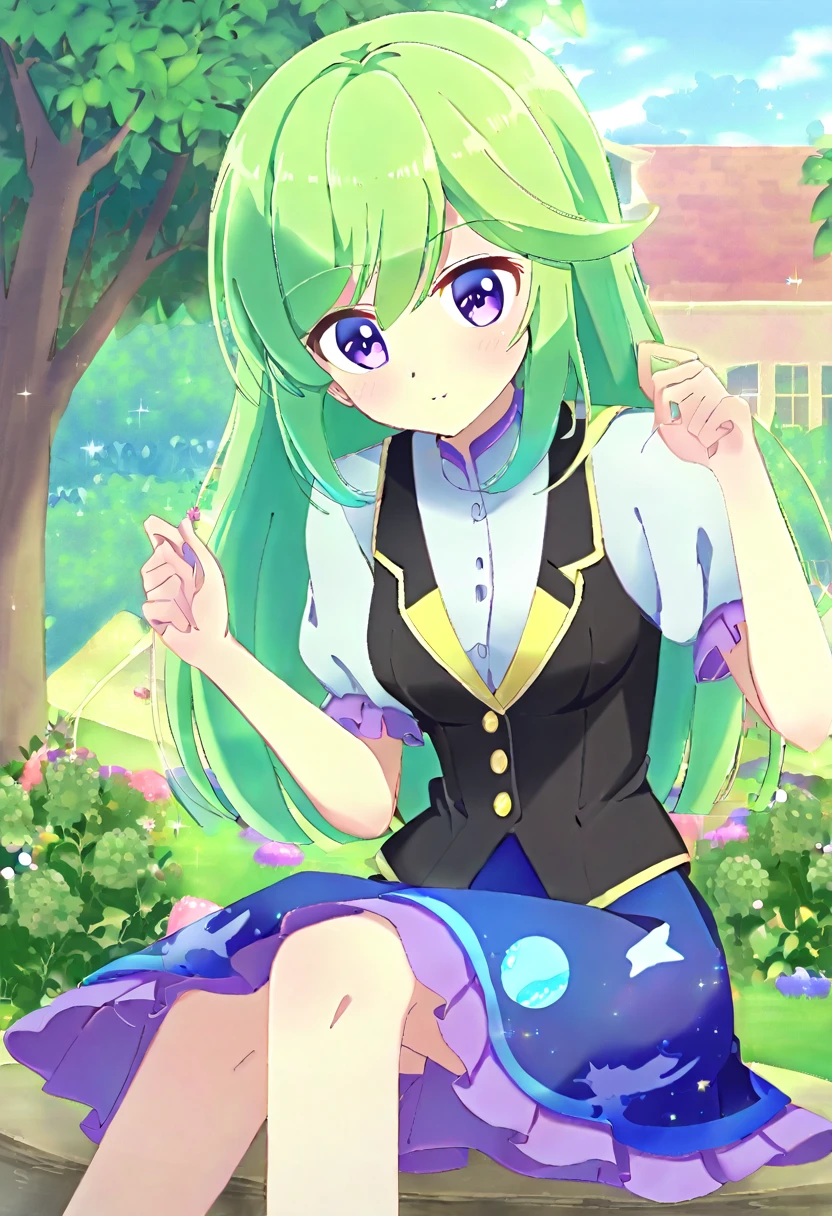 an 18 year old girl, long lime green hair with blue ombre, turquoise eyes, light green skin, ((Equestria girls), ((White shirt)), ((black vest with small planet print)), (flada negro)), ((sitting in a garden)), ((Good quality)) 