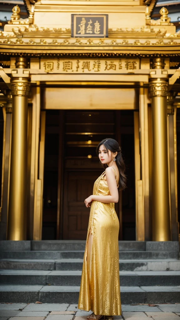 Cute girl wearing long golden dress front of temple