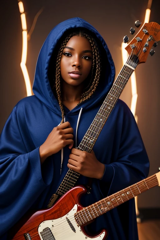 A high quality masterpiece,4k, of a very beautiful African American woman with a cloak hoodie pretty eyes with a electric guitar, with lightning coming from it.