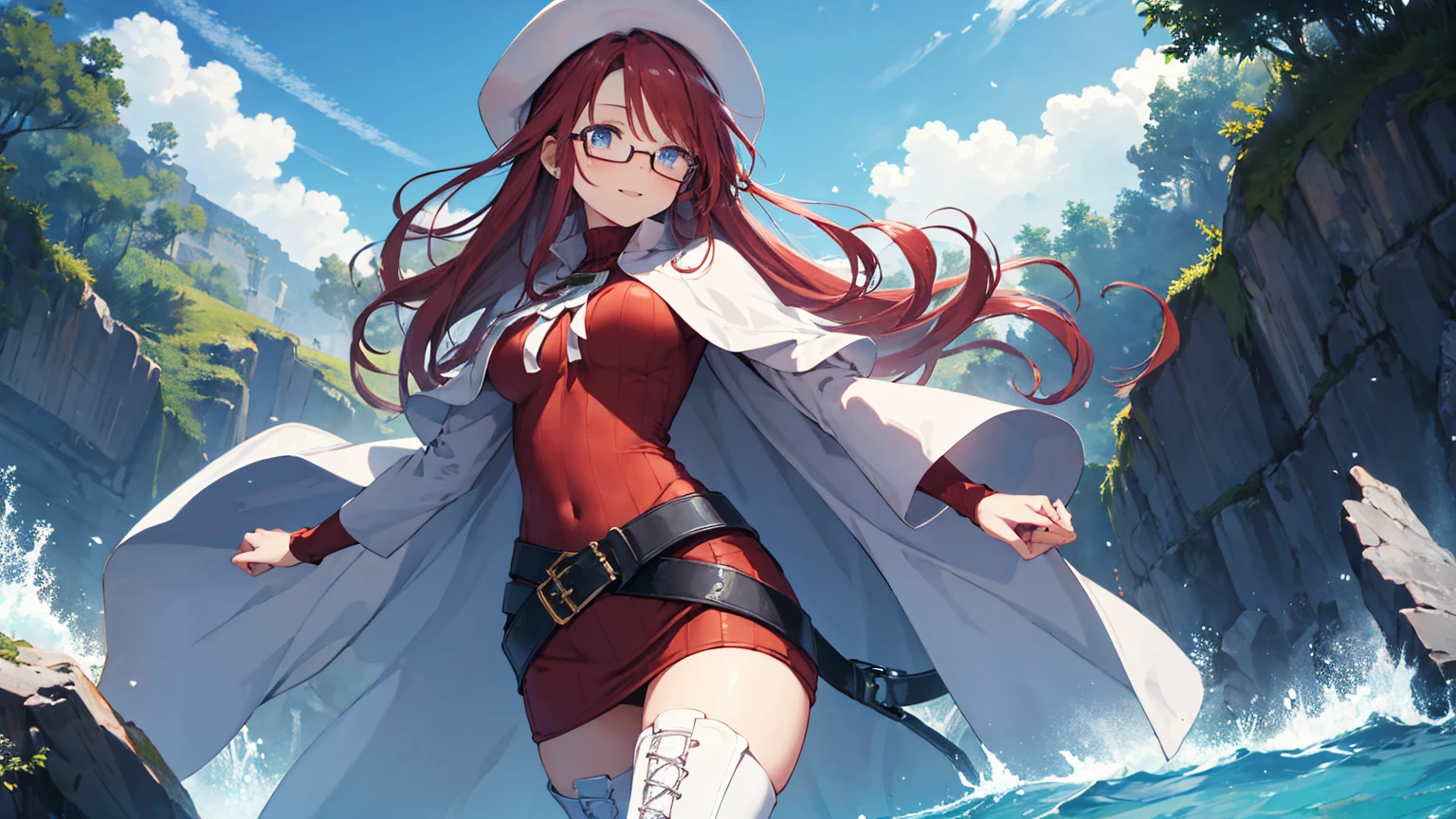 summonnightaty, aty, (young:1.3),long hair, blue eyes, red hair, big_tits, hat, glasses,
BREAK long hair, thighhighs, hat, dress, naked_legs, glasses, belt, cape, sweater, zettai ryouiki, beret, thigh boots, white footwear, ribbed sweater, loose belt,solo,
BREAK outdoors, fantasy,on_beach,
,Highquality_hads,perfect_fingers,
BREAK (masterpiece:1.2), best quality, high resolution, unity 8k wallpaper, (illustration:0.8), (beautiful detailed eyes:1.6), extremely detailed face, perfect lighting, extremely detailed CG, (perfect hands, perfect anatomy),covered_nipples,covered_navel ,half_eyes,long_sword,sleepy_eyes,red_sweater,apart_knees,magical_effect,spread_legs, have_a_book,teacher,rise_knee,Smile,rise_hand,look_down_viewer,spread_arms,sea_waves,looking_into,blue_sky,plump,open_mouth, dynamic_posing,solo