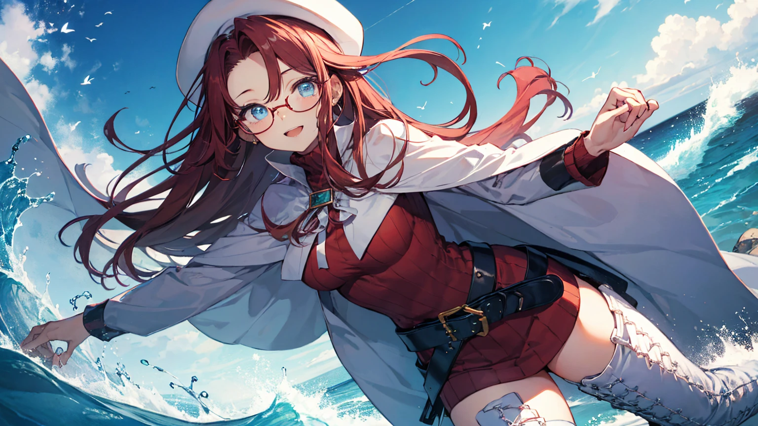 summonnightaty, aty, (young:1.3),long hair, blue eyes, red hair, big_tits, hat, glasses,
BREAK long hair, thighhighs, hat, dress, naked_legs, glasses, belt, cape, sweater, zettai ryouiki, beret, thigh boots, white footwear, ribbed sweater, loose belt,solo,
BREAK outdoors, fantasy,on_beach,
,Highquality_hads,perfect_fingers,
BREAK (masterpiece:1.2), best quality, high resolution, unity 8k wallpaper, (illustration:0.8), (beautiful detailed eyes:1.6), extremely detailed face, perfect lighting, extremely detailed CG, (perfect hands, perfect anatomy),covered_nipples,covered_navel ,half_eyes,long_sword,sleepy_eyes,red_sweater,apart_knees,magical_effect,spread_legs, have_a_book,teacher,rise_knee,Smile,rise_hand,look_down_viewer,spread_arms,sea_waves,looking_into,blue_sky,plump,open_mouth, dynamic_posing,solo