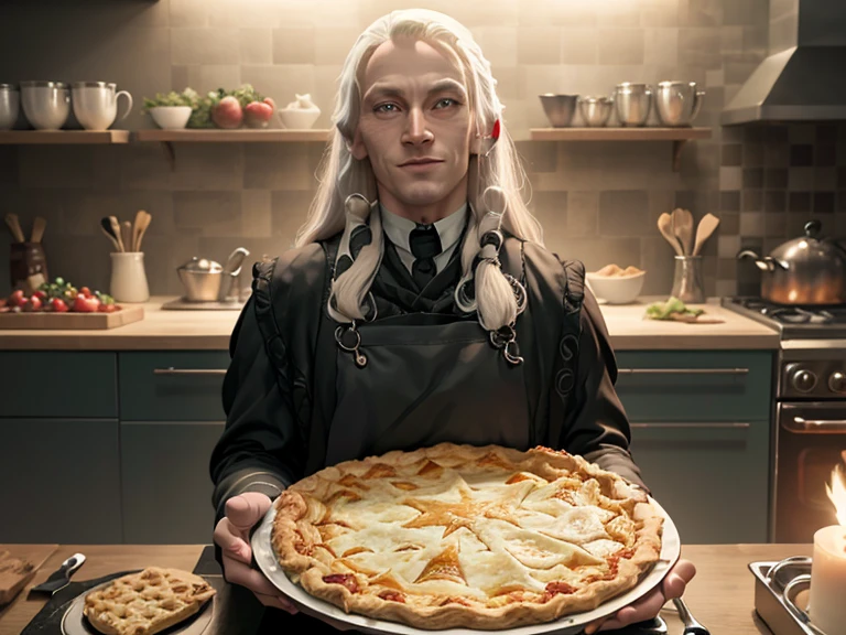 Lucius Malfoy in an apron enthusiastically prepares a festive dinner(pie), Cooking show, satisfied facial expression, smile, inspiration 