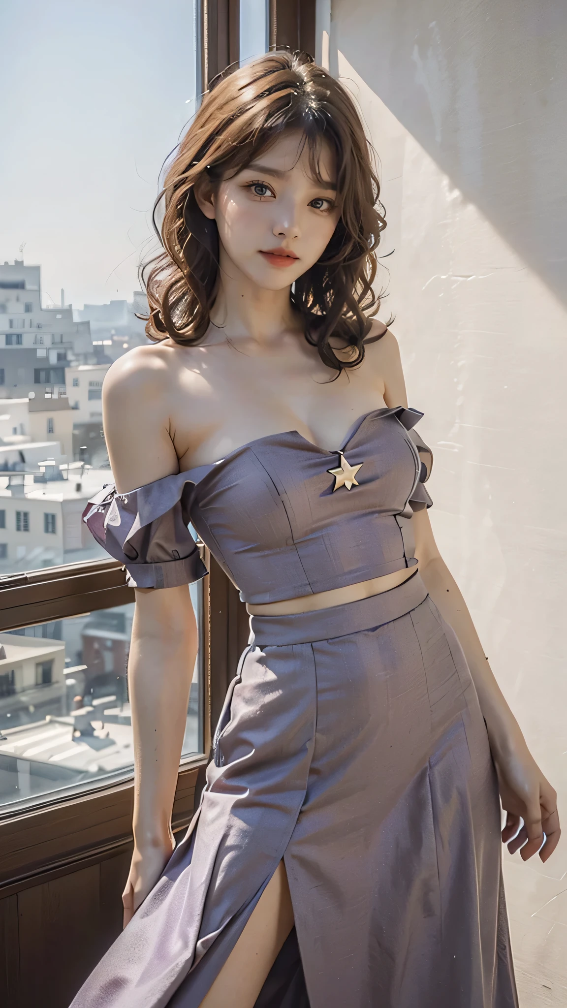 detailed background, masterpiece, best quality, 1 person , curly hair, long hair, purple eyes, star in eye , light lavender Strapless blouse, long  skirt