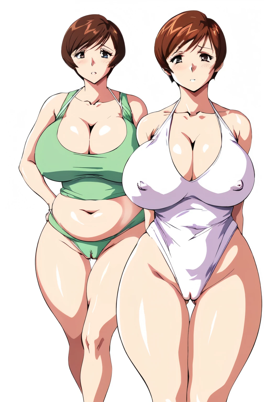 masterpiece, highest quality, High resolution, One Girl, alone, sexual intercourse, Pornographic images, short hair, etsukoto, Fine grain, fine grain, (((Thick thighs, Plump thighs, Voluptuous thighs, Thighs are enough))), Big and ample breasts, Cleavage, Huge long breasts, Naughty big,((Big breasts are important))、((Naughty thighs)), L Cup, (thin:1.4),(Tight waist:1.4), ((white swimsuit, highleg swimsuit)), (((Simple Background))), ((Wide Hips, Big Ass)), Shiny oily skin, Mature mother, Calf, Seductive mature woman, Perfect body, (((Thick))), Plus Size Model, etsukoto, blush, clavicle, retro artstyle, 1990s (style), (((half bare pussy))), pussy focus, ((nsfw)),