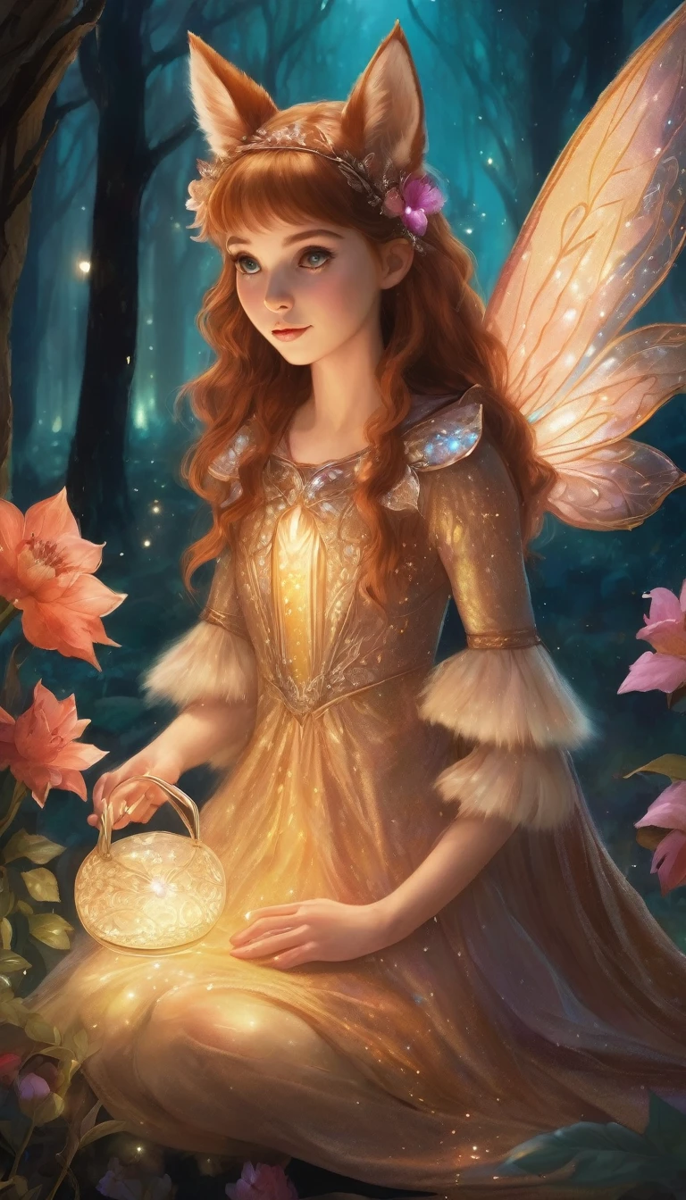 A magical, ethereal scene featuring a young fairy girl and a fantastical creature resembling a mix ween a fox and a small winged beast. The girl has short, light brown hair adorned with delicate, sparkling accessories and pointed elf-like ears. She wears a shimmering dress madf intricate, glowing fabrics, giving off a soft, warm light. Her expression is one of gentle curiosity as she gazes at the creature, who is seated across from her amidst vibrant, luminescent flowers. The creature has large, expressive eyes, fluffy fur, and fairy-like wings that glisten in the ambient light. Both are bathed in a dreamy, mystical glow, surrounded by twinkling lights and soft, colorful foliage. The background is filled with an otherworldly, enchanting forest that exudes a sense of wonder and magic.