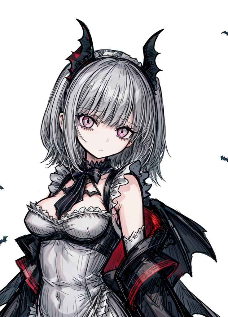 1girl, silver eyes, silver-gray hair, succubus, maid, bat wings, beautiful clothes , (high resolution, high detail, best quality) , medium breasts, sad