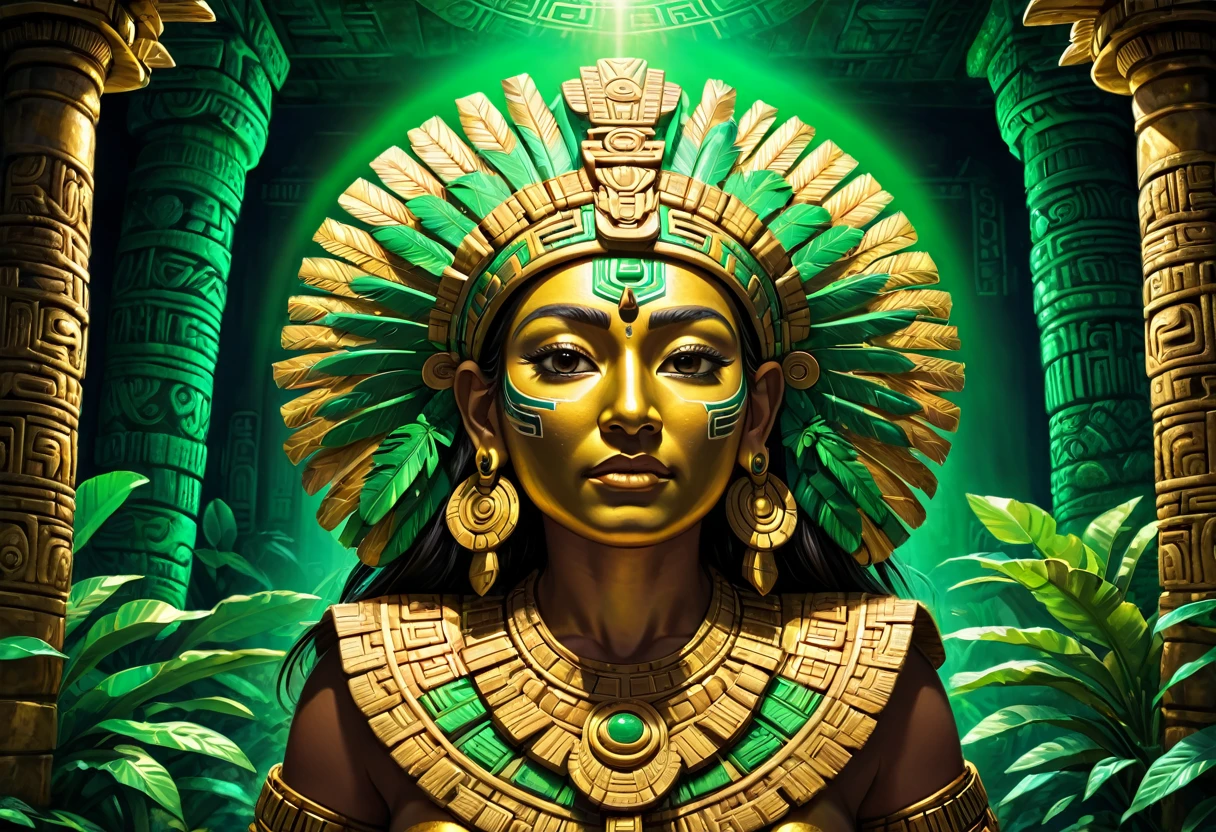 golden mayan, gold treasure, aztec, riches, green lighting, HDR, 4k resolution, (painting realistic : 1.3), (ultra high resolution: 1.0 ), (((best quality, 8 thousand, masterpiece:1.4))