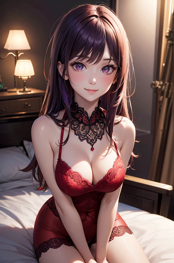Best Quality,High resolution,8K,finelity detailed background,Masterpiece:1.2),beautiful girl,Shiny purple hair,crossed bangs,Purple Eyes,Gentle look,A refreshing look,smile,Best quality,Best Quality,Aesthetic and aesthetic:1.2,Best details((Super detailed))(High-definition CG illustrations),Upper Body, Red underwear,(red intricate lace),Slender body,night,moon,Bedroom,On the bed,smile,blush,cute,Scrounge,Looking up,Being spoiled,super model,wariza,shoot from,below