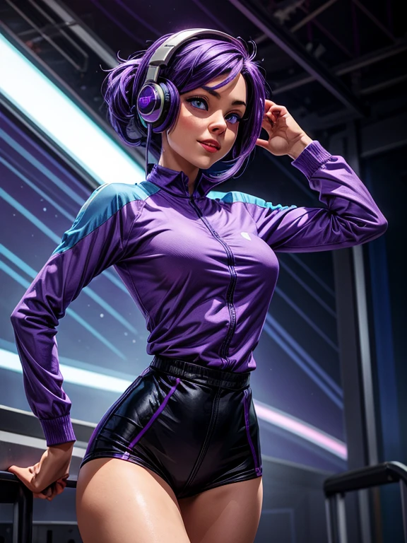 a woman with purple and blue hair, fair skin, blue eyes, wearing a purple and blue long sleeve shirt, blue headphones, strong legs. expression of joy, happiness, dynamic pose.