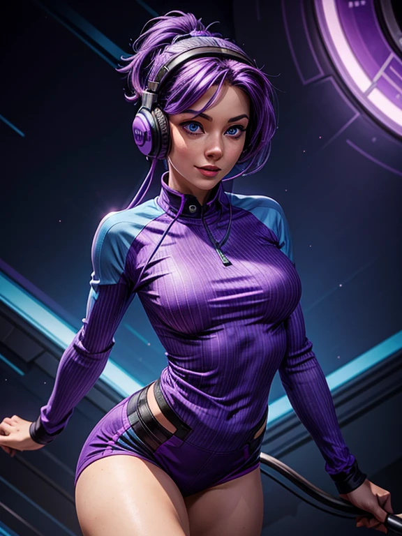 a woman with purple and blue hair, fair skin, blue eyes, wearing a purple and blue long sleeve shirt, blue headphones, strong legs. expression of joy, happiness, dynamic pose.
