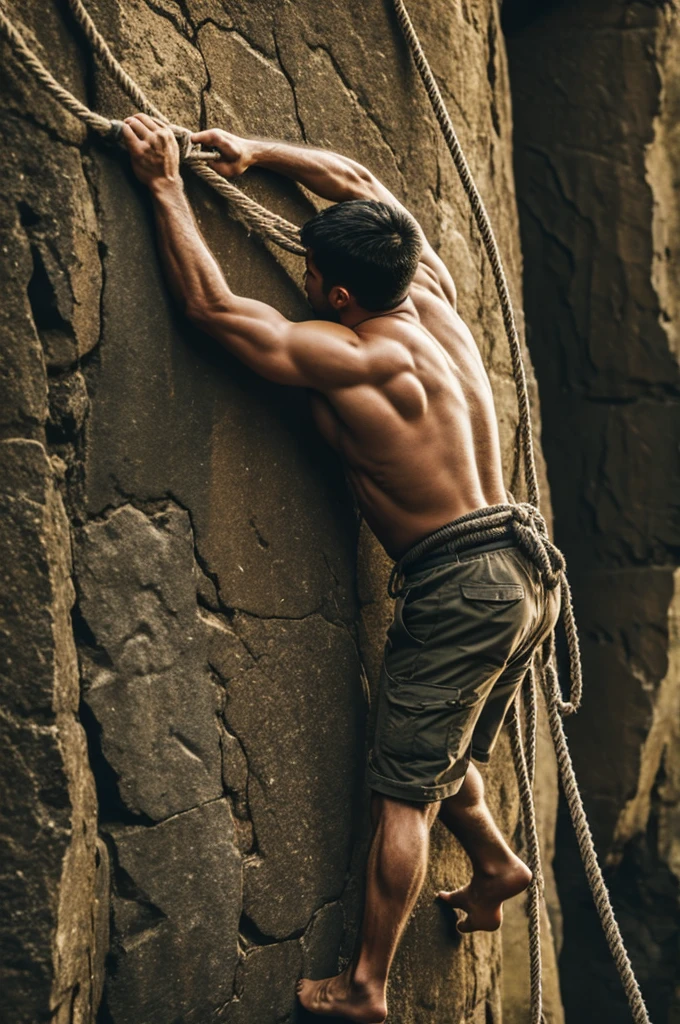 Man clinging to a rope