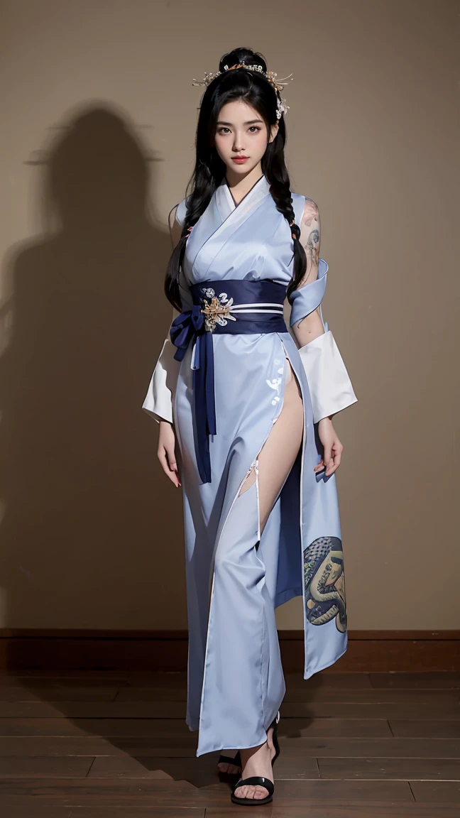 (masterpiece), best quality, expressive eyes, perfect face, HD, Benisato, kunoichi, snakes tattooed, She is a tall and matured woman with a slender curvaceous build with long legs and arms, Although a ninja herself, Benisato has the appearance of a beautiful and seductive geisha, She has porcelain skin and long dark hair tied back in a coif with a hairpin and traditional comb, Benisato is covered in serpent tattoos that come alive when she uses her powers and will usually appear naked during a battle to throw off her male victims, She wears traditional Japanese geisha robes, full body, pants, long sleeves, vest, sandals, kimono, Hongli, snakes supranatural 