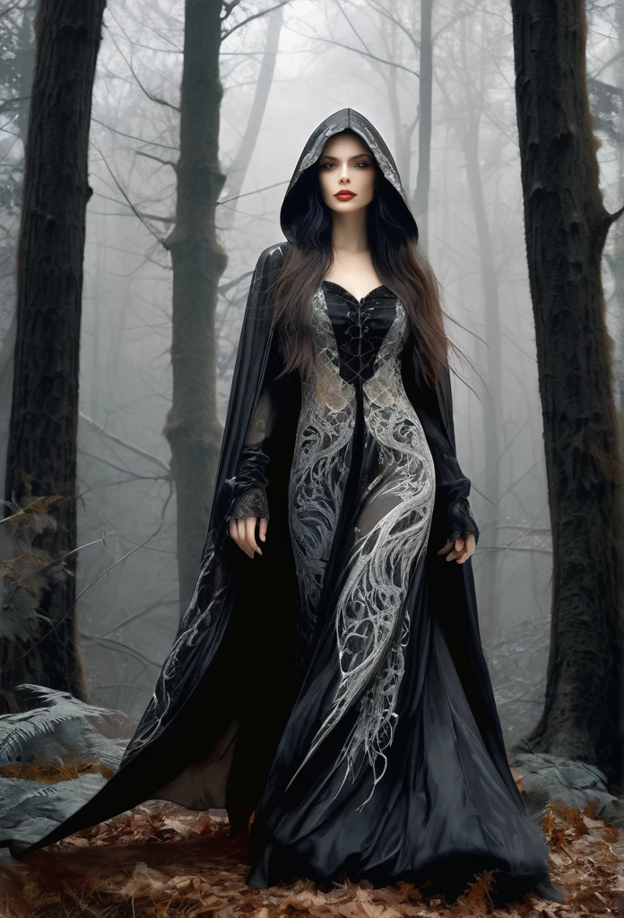 ((full body)),Gorgeous vampire... In the forest,a giant wolf is walking behind her,double exposure long,with you.A masterpiece oíl painting by luis Royo, drawn pencil art, ultra detailed, lips ultra gloss, long. wavy hair, dressed long,transculent, dressing, black long hoodie, bacground vintage, perfect hands, hearts, fractal, filigree, glowing, shadowy, ultra quality, 3d, spoked hairstyle