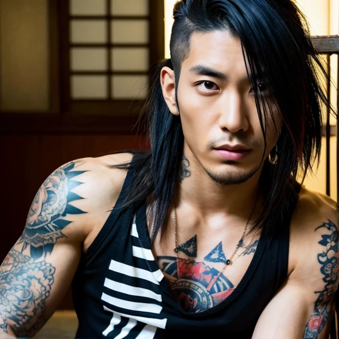 1 man, Japanese man, male, Asian eyes, muscular, broad shoulders, yakuza tattoos, hairstyle Visual Kei style, hair Visual Kei, black men's shirt and black pants, ultra detailed face, hyperrealistic, realistic representation, long hair, long hair, 30 years old, age 30 years, blond, blonde hair