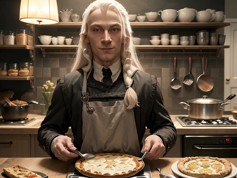 Lucius Malfoy in an apron enthusiastically prepares a festive dinner(pie), Cooking show, satisfied facial expression, smile, inspiration 