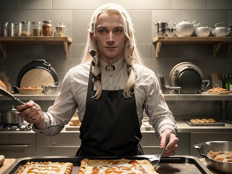 Lucius Malfoy in an apron enthusiastically prepares a festive dinner(pie), Cooking show, satisfied facial expression, smile, inspiration 