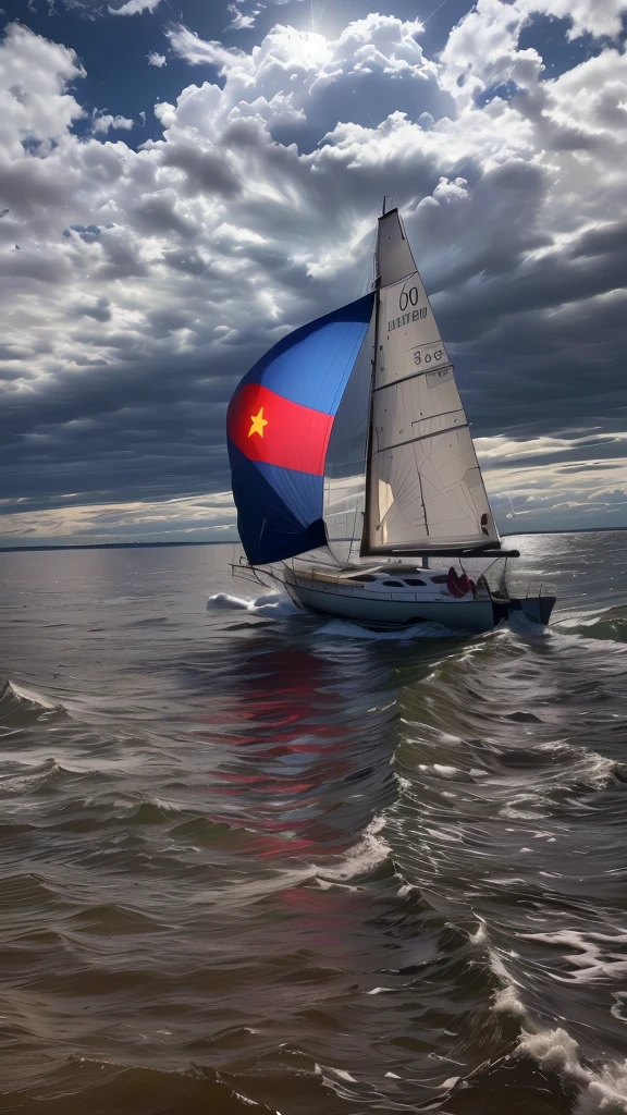 there is a sailboat with a flag in the water, with a red and blue candle, The candle has a yellow pentagonal star in the red part, the white candle is smooth and whole, photo taken from very far away, Treading in very very very very turbulent waters, There is a storm and a lot of swell and big waves, the sailboat goes very very fast, leaving trails in the water, there are sun rays coming out of the clouds and reflecting in the water, Seen in Profile from very far away, Overcast weather, still Photography, by Bob Ringwood, In the style of Aivazovsky, victor antonov, Cloth, captured on iphone, torn Cloth, by David Martin, sergey vasnev, still photo, Photography, alejandro rostov, sailboat