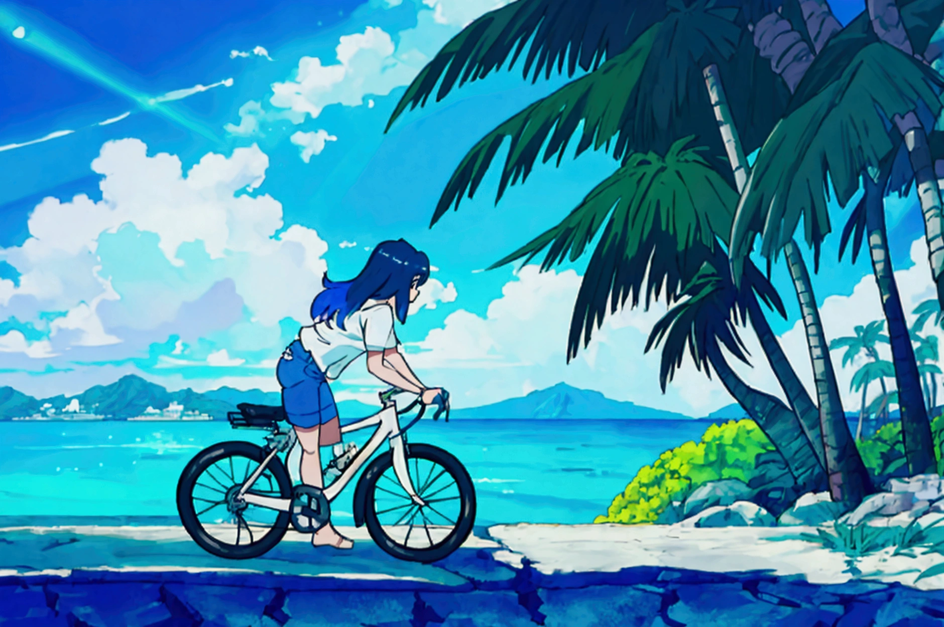 A woman riding a cruiser bicycle on a paved road next to a Hawaiian beach in the morning, wearing an oversized white T-shirt and denim shorts, expansive ocean view and blue sky in the background, tropical island scenery with palm trees, cool morning light with blue tones, crisp and refreshing atmosphere, summer vacation mood, action shot, side view, wide angle to emphasize the ocean backdrop"