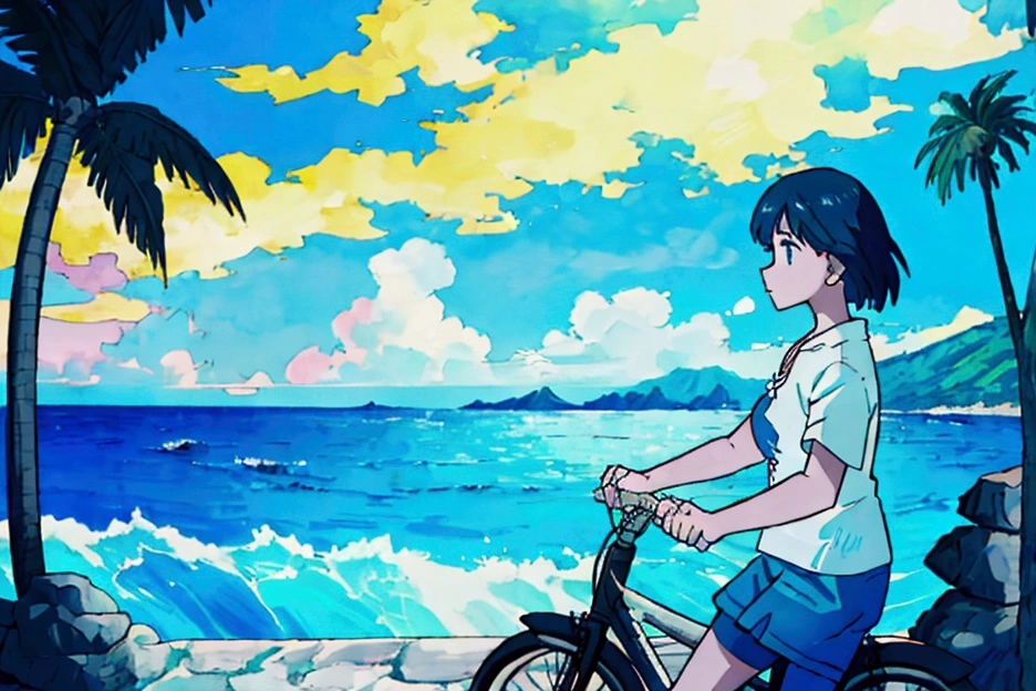 A woman riding a cruiser bicycle on a paved road next to a Hawaiian beach in the morning, wearing an oversized white T-shirt and denim shorts, expansive ocean view and blue sky in the background, tropical island scenery with palm trees, cool morning light with blue tones, crisp and refreshing atmosphere, summer vacation mood, action shot, side view, wide angle to emphasize the ocean backdrop"