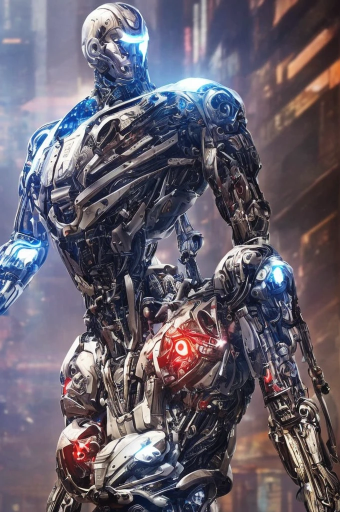 (masterpiece), best quality, detailed, imposing figure, humanoid creature, cybernetic enhancements, muscular, full body, organic tissue visible, metallic armor integrated with flesh, red cybernetic eyes, advanced sensors, mechanical arms and legs with organic components, integrated weapons, urban battlefield, aggressive stance, cyberpunk, futuristic, neon lights, post-apocalyptic cityscape, glowing veins, bio-mechanical fusion, scars and implants, partially exposed muscles