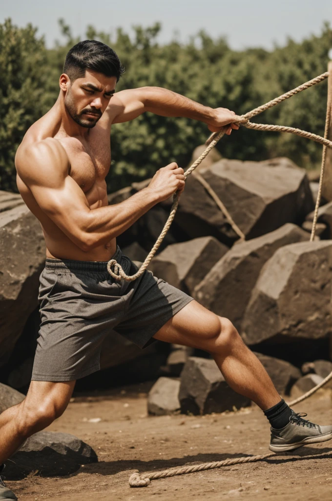 Man pulling a rope that hurts him