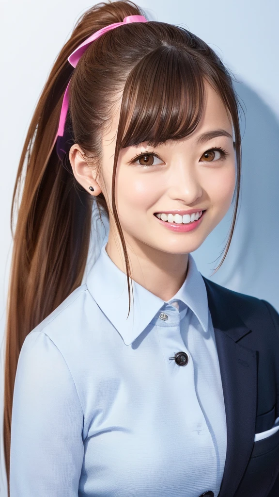 (Highest quality、8K、32k、masterpiece)、(Realistic)、(Realistic:1.2)、(High resolution)、Very detailed、Very beautiful face and eyes、20Adult female years old、Round and small face、Tight waist、Delicate body、(Highest quality、Attention to detail、Rich skin detail)、(Realistic、Realistic:1.37)、Bright colors、(((Brown Hair)))、(((Full Body Shot)))、(((Long Hair)))、(((Side Ponytail)))、(((Daytime city background)))、(((smile)))、(((Teeth are visible)))、(((Wear a women's suit)))、、Kanna Hashimoto、 Office Lady、 OL、Tight skirt