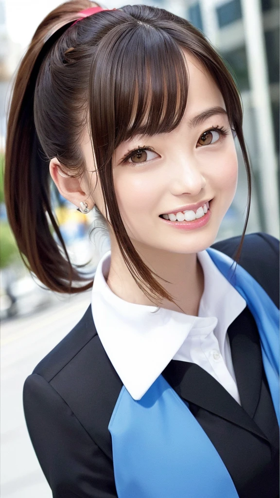 (Highest quality、8K、32k、masterpiece)、(Realistic)、(Realistic:1.2)、(High resolution)、Very detailed、Very beautiful face and eyes、２０Adult female years old、Round and small face、Tight waist、Delicate body、(Highest quality、Attention to detail、Rich skin detail)、(Realistic、Realistic:1.37)、Bright colors、(((Brown Hair)))、(((Full Body Shot)))、(((Long Hair)))、(((Side Ponytail)))、(((Daytime city background)))、(((smile)))、(((Teeth are visible)))、(((Wear a women's suit)))、、Kanna Hashimoto、 Office Lady、 OL、Tight skirt