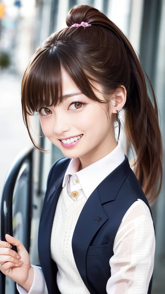 (Highest quality、8K、32k、masterpiece)、(Realistic)、(Realistic:1.2)、(High resolution)、Very detailed、Very beautiful face and eyes、20Adult female years old、Round and small face、Tight waist、Delicate body、(Highest quality、Attention to detail、Rich skin detail)、(Realistic、Realistic:1.37)、Bright colors、(((Brown Hair)))、(((Full Body Shot)))、(((Long Hair)))、(((Side Ponytail)))、(((Daytime city background)))、(((smile)))、(((Teeth are visible)))、(((Wear a women's suit)))、、Kanna Hashimoto、 Office Lady、 OL、Tight skirt
