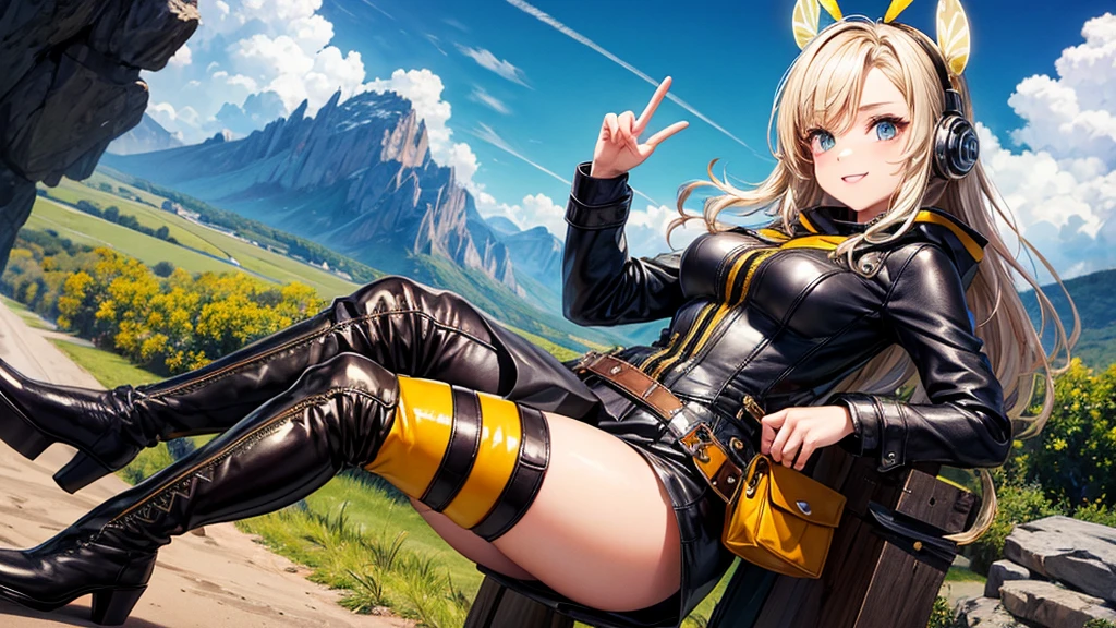 Dressed as a bee, rocker outfit, leathery, mountainscape, over-the-knee tractor boots