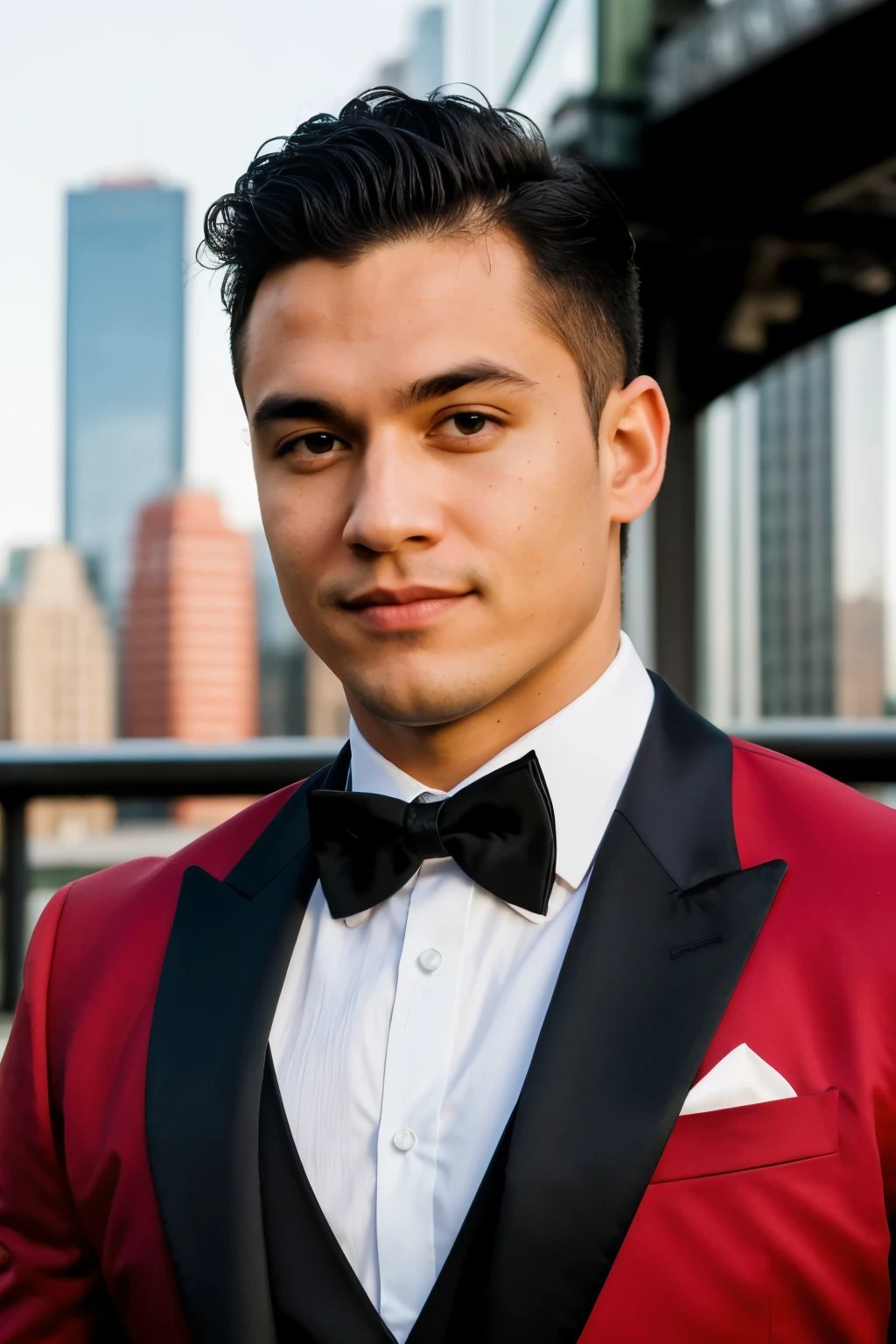 "Create an upper body, front view, professional portrait of a person in cruiserweight form, looking directly at the camera. The person is wearing a tuxedo that is half red and half green, with a black bow tie. The background should feature buildings in a cityscape. This image will be used as a LinkedIn profile picture."