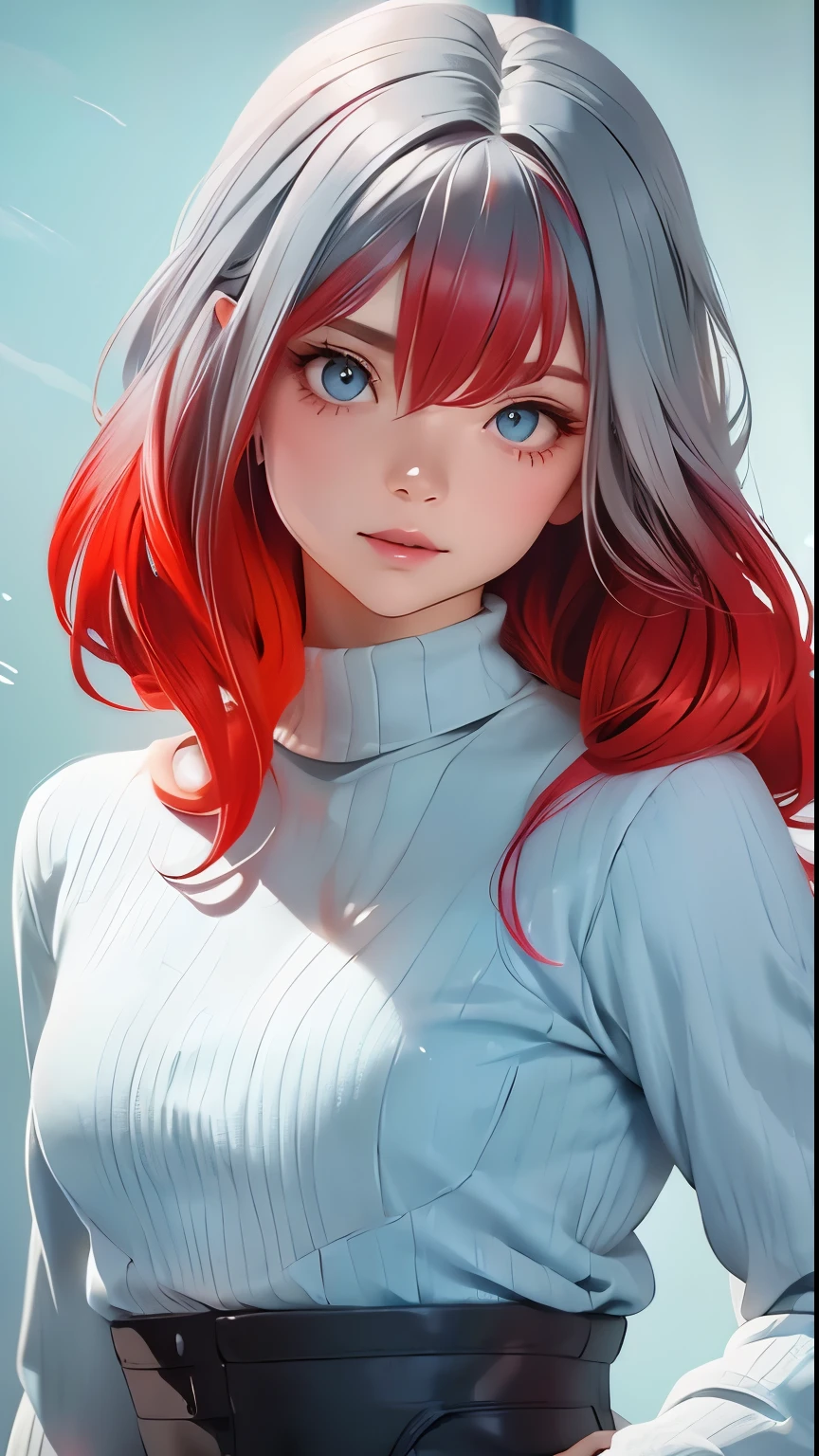 (((Gray Hair)))、(((Becoming a redhead:1.2)))、(((Beautiful gradient hair:1.2)))、One Girl、、big red ribbon hair ornament、Cute face、、Natural look、Casual costume、Simple Background、Blurred Background、masterpiece:1.5、Highest quality、Ultra-high resolution、Very detailed、８ｋ、