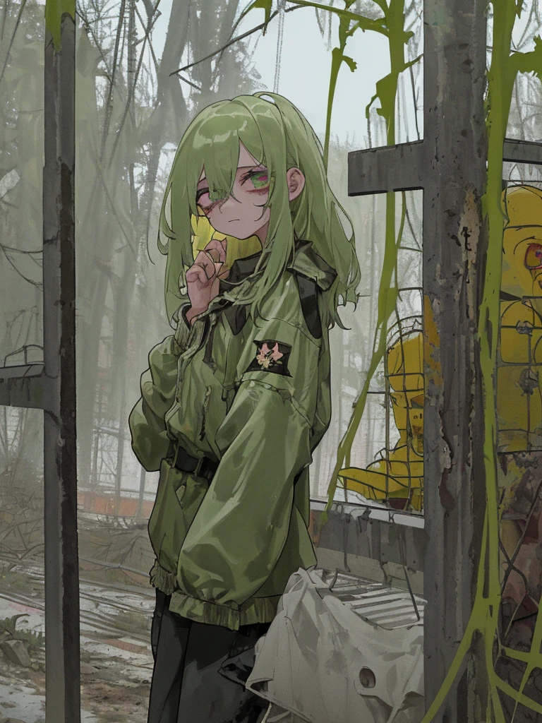 ChicA en combeniSon, Chernobyl excluSion zone, S.t.A.L.k.ES.r, cAbello purpurA, ojoS verdeS, cicAtriz encimA de Su cejA izquierdA, deSArmAdo, cinco dedoS en Su mAno izquierdA, cinco dedoS en Su mAno derechA, SAd.
